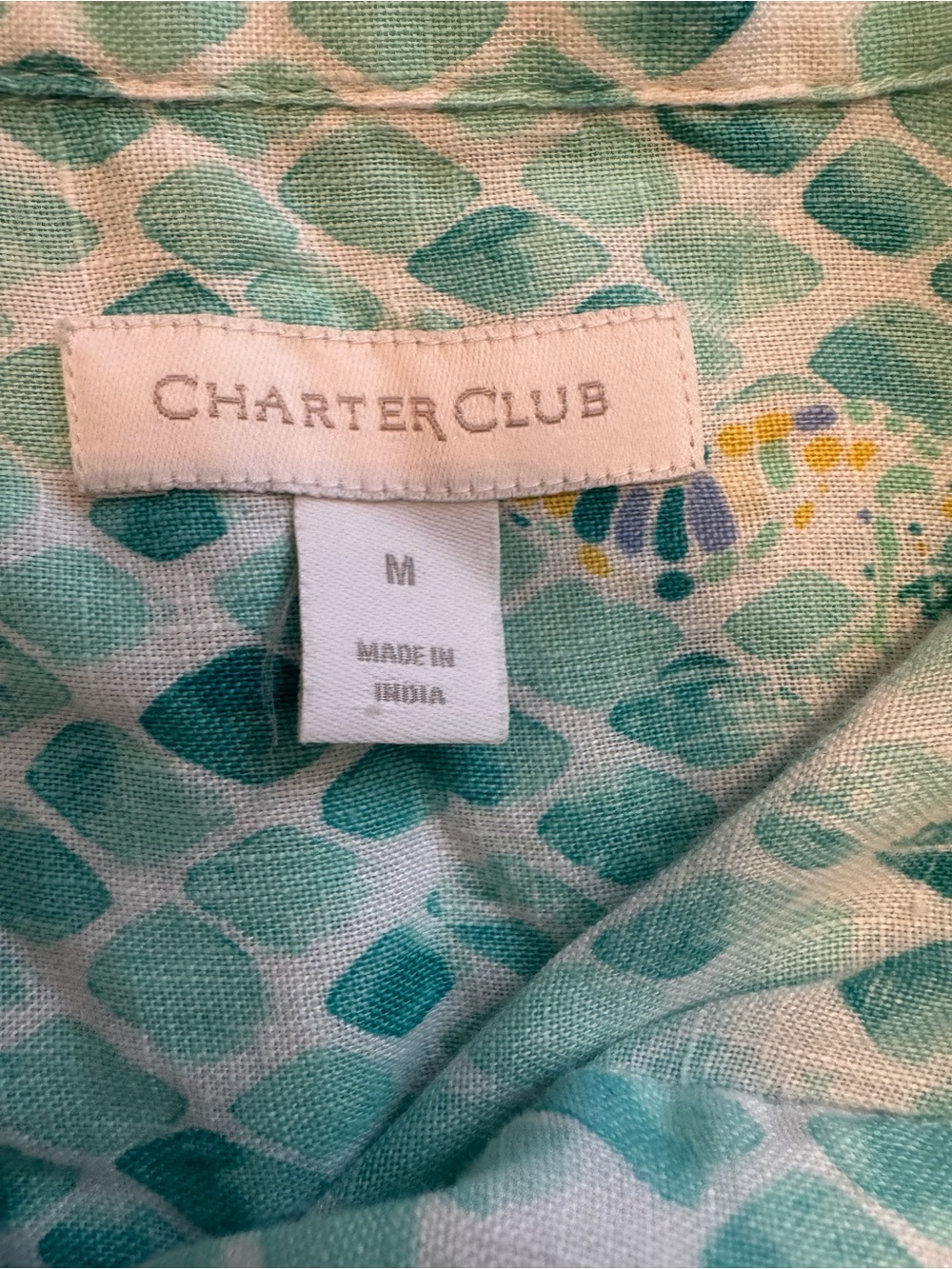 Charter Club Women’s Linen Seahorse Aqua Button Front Roll Tab Sleeve Medium - Picture 8 of 9